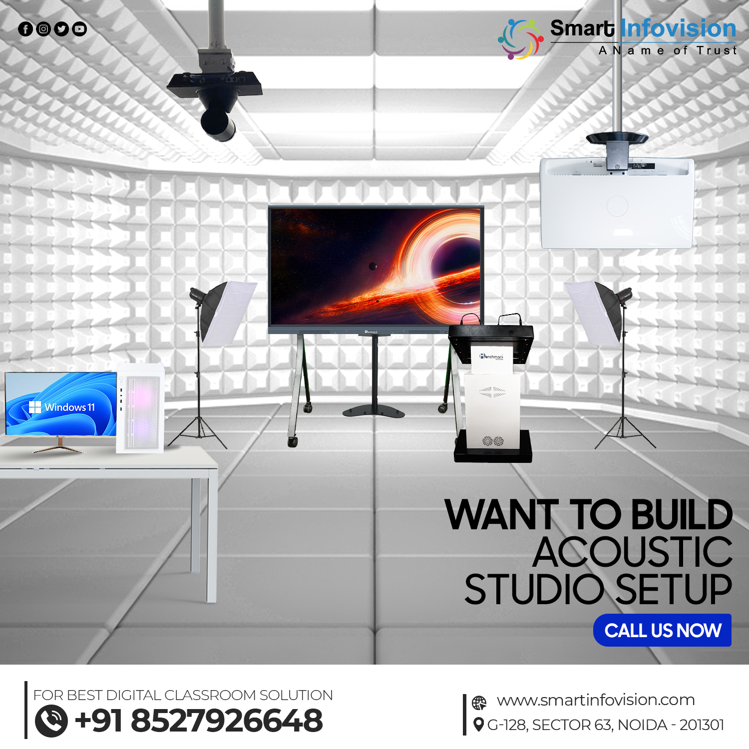 Online Class Studio Setup | Teaching Studio Setup | Benchmark Digital Panel Without OPS | 4K PTZ Camera | Display System i5 | Wireless Mic | Comment Screen | Lighting Solution | Studio Setup